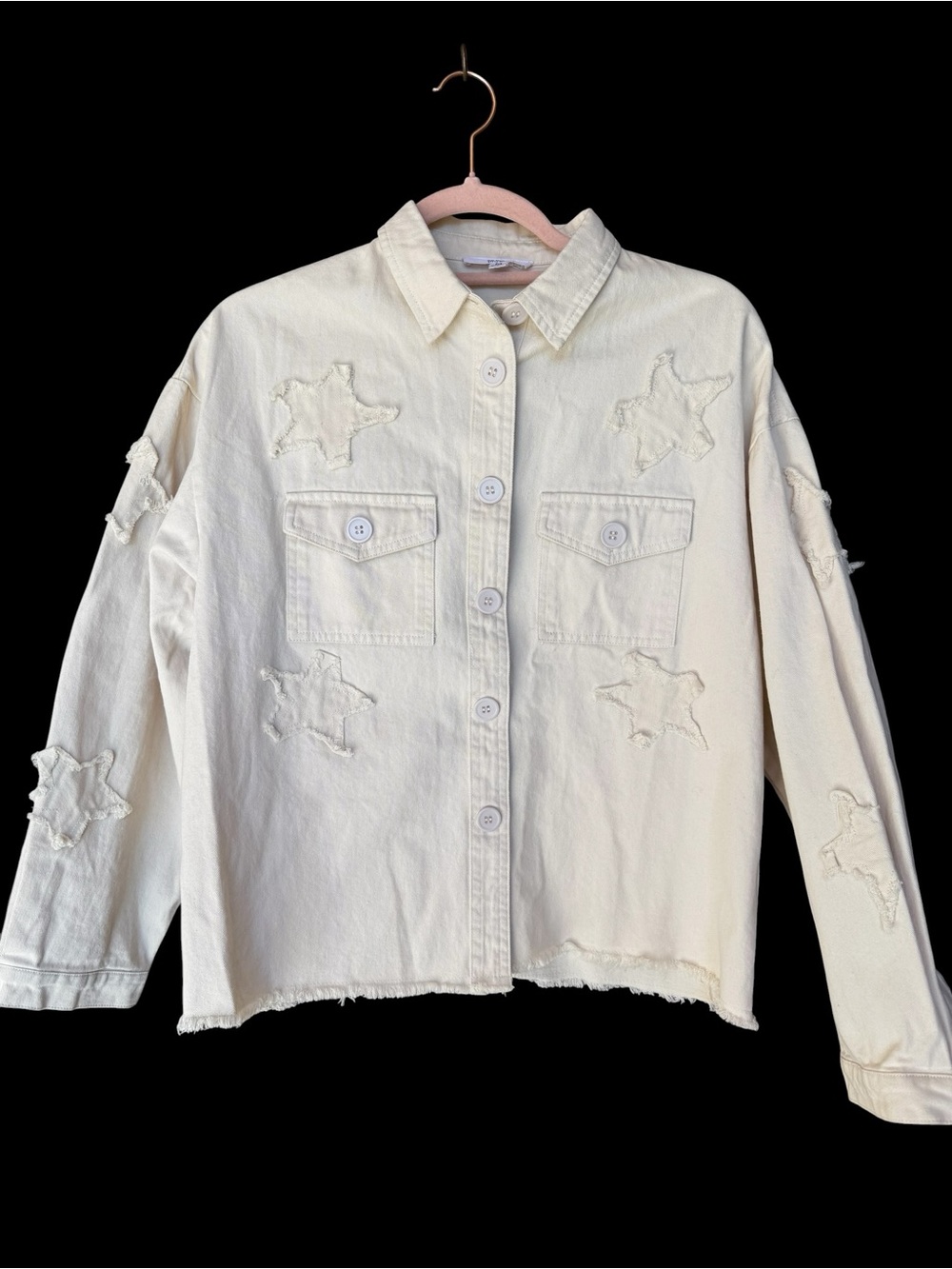 BB Dakota by Steve Madden Cream Distressed Star Patch Button-Front Jacket